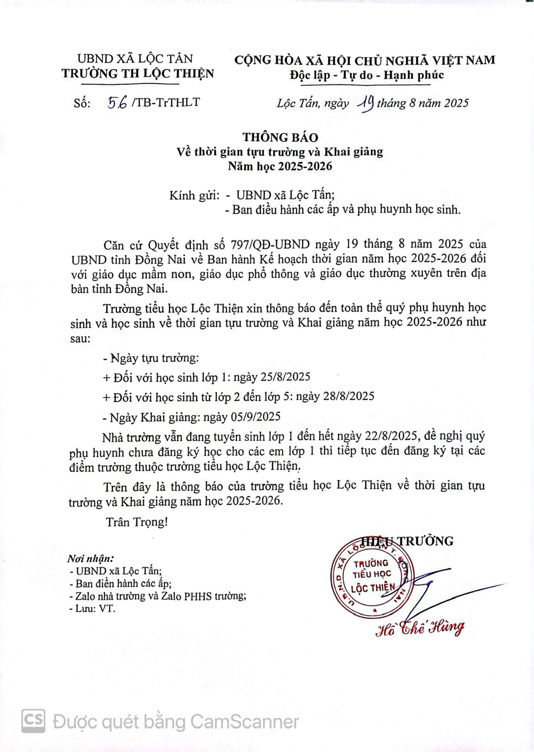 Thông báo thời gian tựu trường và khai giảng năm học 2024-2025